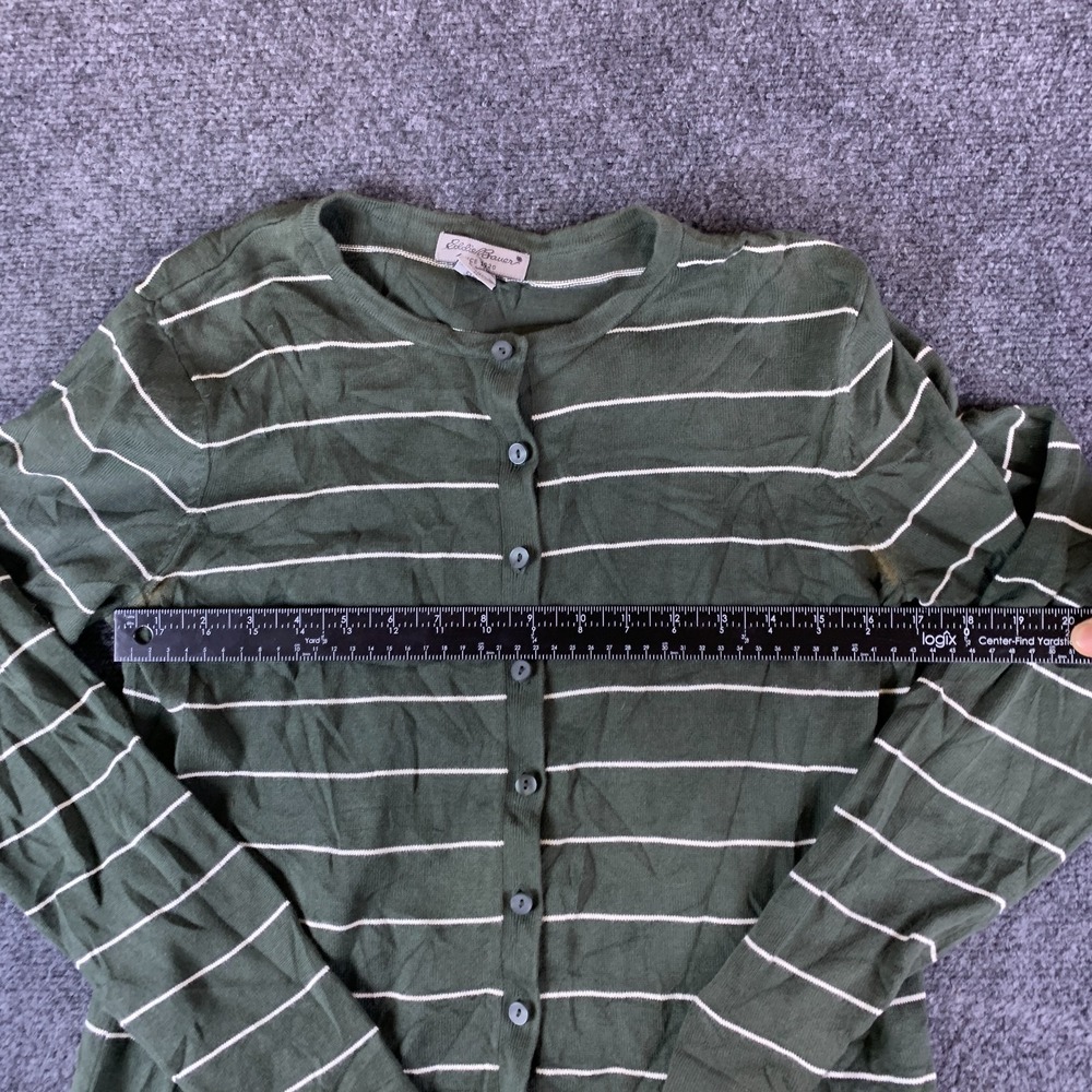 Eddie Bauer Cardigan Sweater Womens Medium Olive Green White Stripe Button Front - Picture 5 of 10